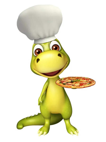 Zábava dinosaura kreslená postava s pizzou a kuchař klobouk — Stock fotografie