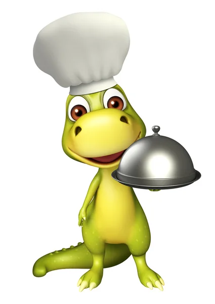 Personagem de desenho animado dinossauro com cloche e chapéu de chef — Fotografia de Stock