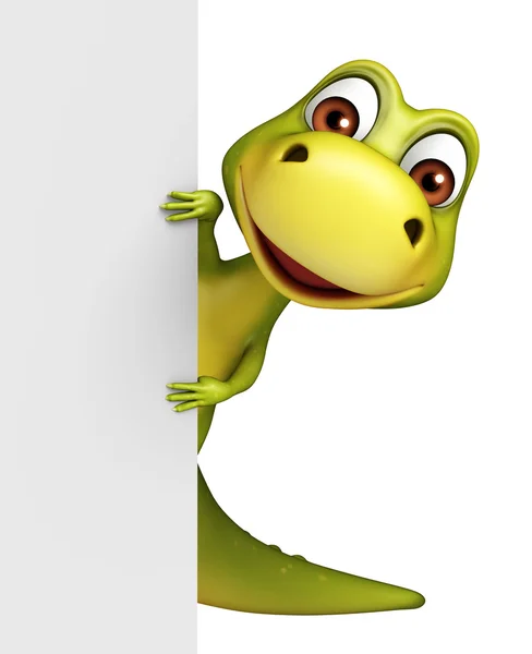 Personagem de desenho animado bonito dinossauro com placa branca — Fotografia de Stock