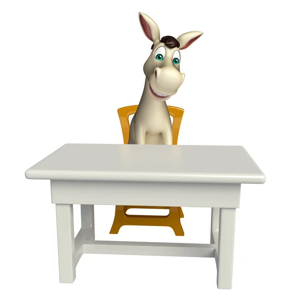Διασκεδαστικό χαρακτήρα κινουμένων σχεδίων γαϊδούρι με τραπέζι και καρέκλα — Φωτογραφία Αρχείου