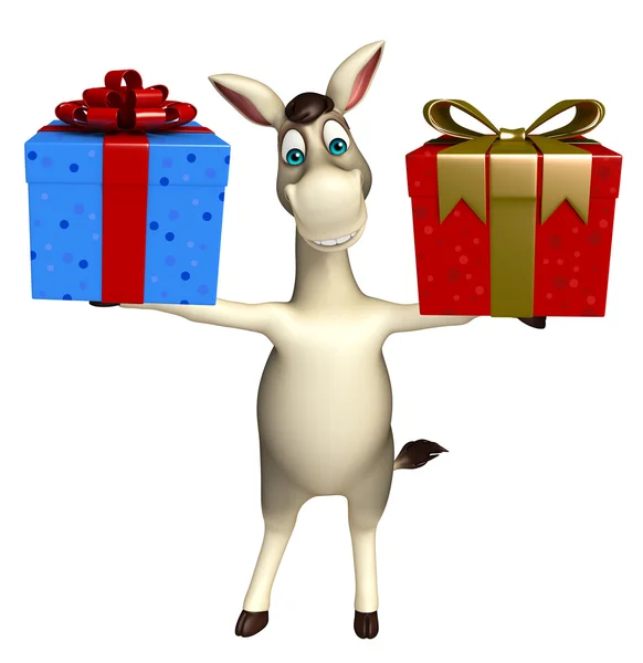 Fun  Donkey cartoon character  with gift box — Stock Photo, Image