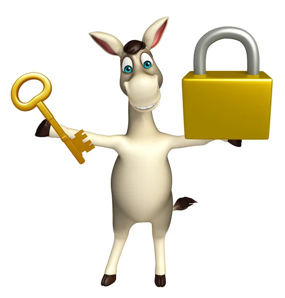 Fun  Donkey cartoon character with lock and key — Stock Photo, Image