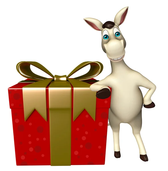 Divertido personaje de dibujos animados burro con caja de regalo —  Fotos de Stock