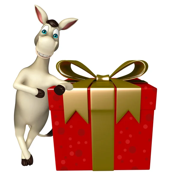 Divertido personaje de dibujos animados burro con caja de regalo —  Fotos de Stock