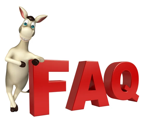 Divertido personaje de dibujos animados burro con signo de preguntas frecuentes — Foto de Stock