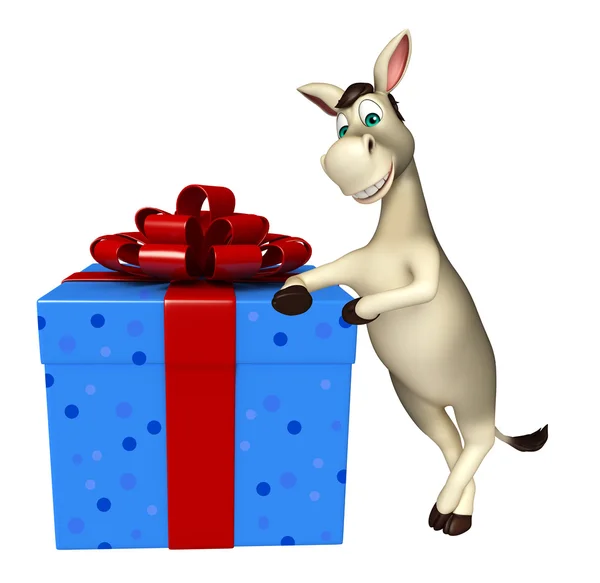 Donkey stripfiguur met doos van de gift plezier — Stockfoto