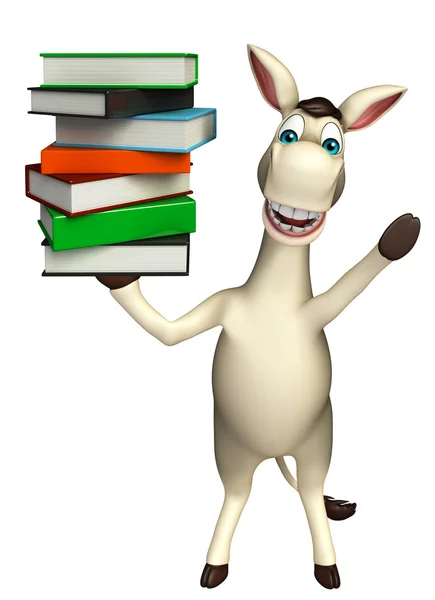 Divertido personagem de desenho animado burro com pilha de livro — Fotografia de Stock