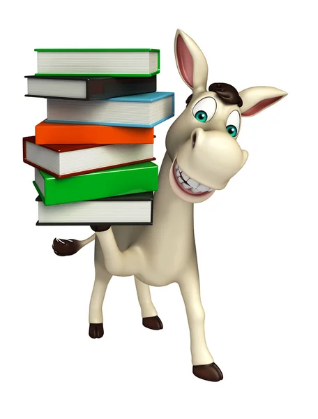 Divertido personagem de desenho animado burro com pilha de livro — Fotografia de Stock