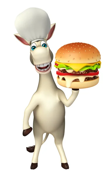 Esel-Comicfigur mit Burger und Kochmütze — Stockfoto