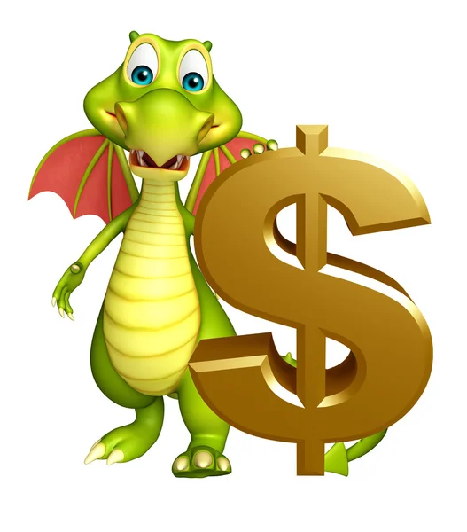 Diversão dragão personagem dos desenhos animados com doller sinal — Fotografia de Stock