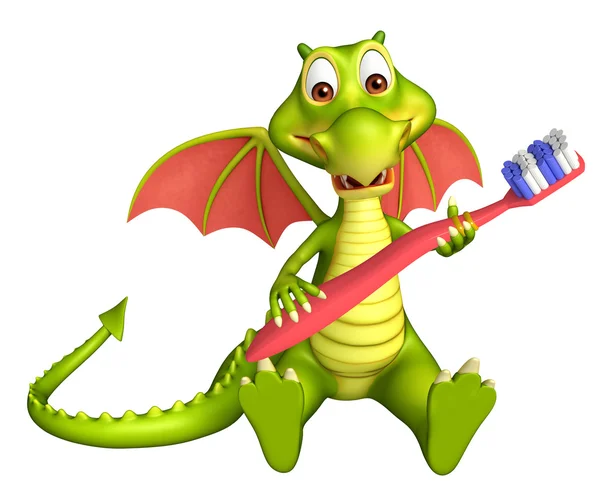 Divertido personaje de dibujos animados Dragón con cepillo de dientes — Foto de Stock
