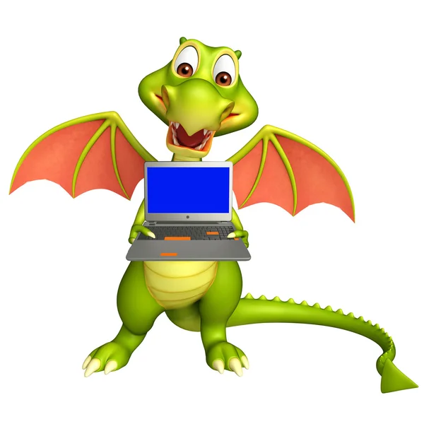 Fun Dragon cartoon character  with laptop — Stock Photo, Image