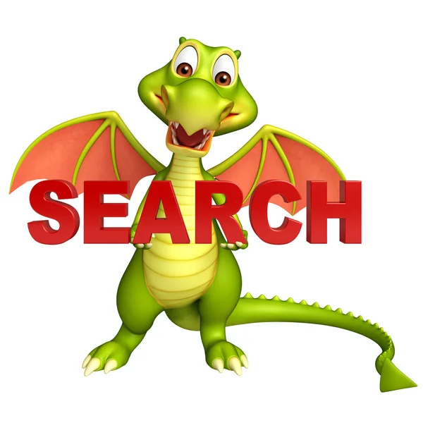 Fun Dragon cartoon character with search sign — Stock Photo, Image