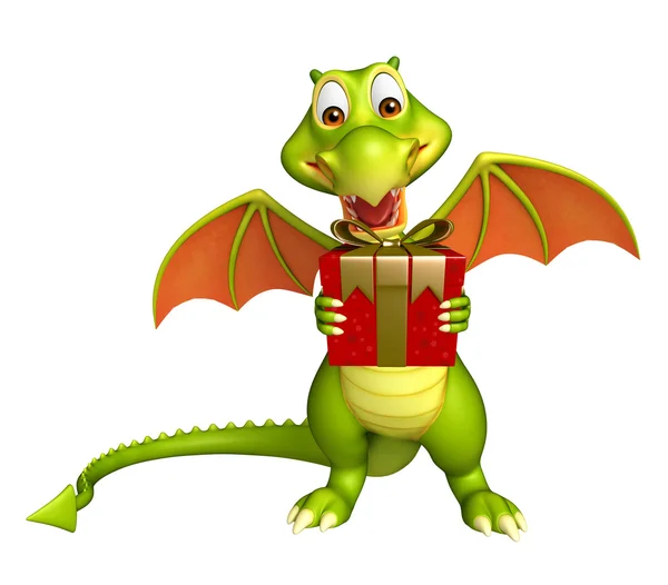 Divertido personaje de dibujos animados Dragon con caja de regalo —  Fotos de Stock