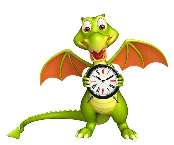 Fun Dragon cartoon character with clock — Stock Photo, Image