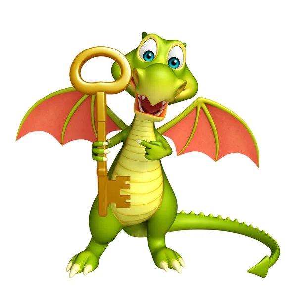 Dragão personagem de desenho animado com chave — Fotografia de Stock