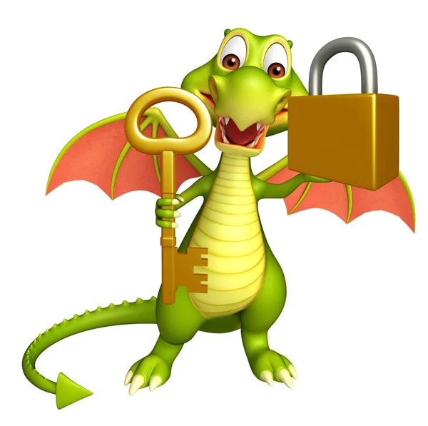 Dragon cartoon character with key and lock — Stock Photo, Image