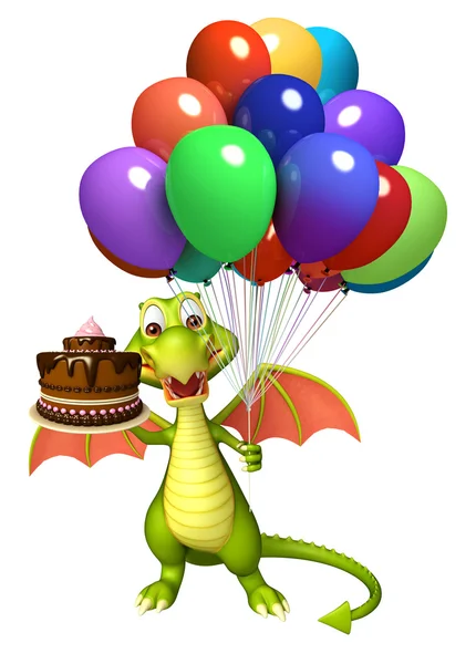 Leuke Dragon stripfiguur met taart en ballon — Stockfoto