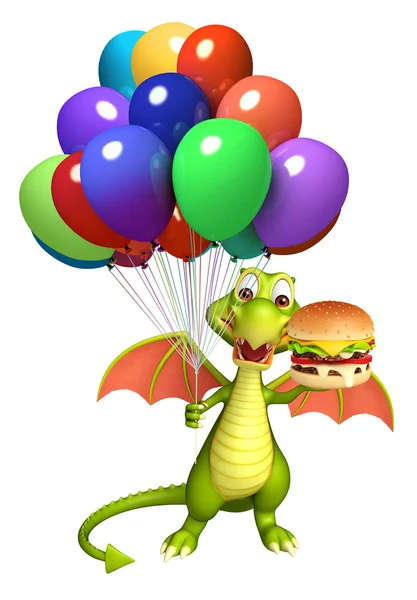 Personnage de dessin animé amusant Dragon avec hamburger et ballon — Photo