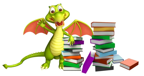 Niedliche Drachen-Cartoon-Figur mit Bücherstapel — Stockfoto