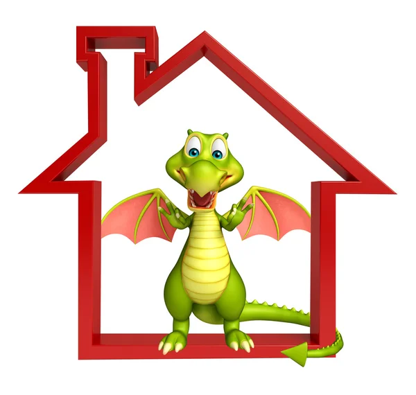Dragon cartoon character with home sign — Stock Photo, Image