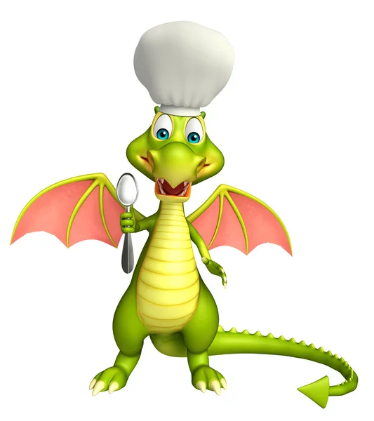 Dragão personagem de desenho animado com chapéu de chef e colheres — Fotografia de Stock