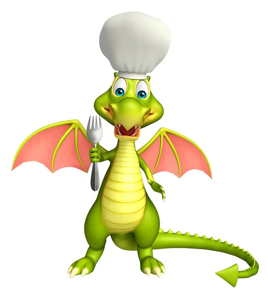 Drachen-Cartoon-Figur mit Kochmütze und Löffeln — Stockfoto