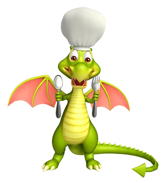 Dragon cartoon character  with chef hat and spoons — Stock Photo, Image