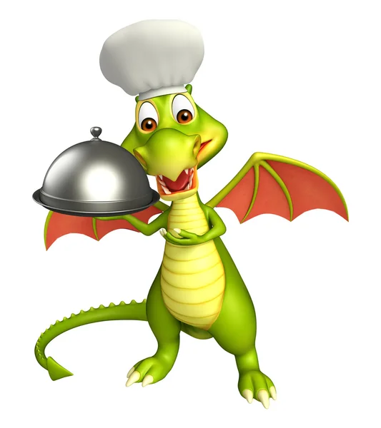 Dragon cartoon character with chef hat and cloche — Stock Photo, Image