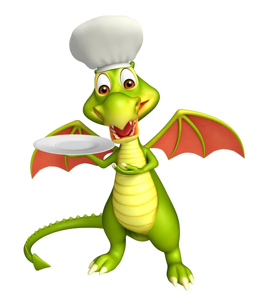 Dragão personagem de desenho animado com prato de jantar e chapéu de chef — Fotografia de Stock