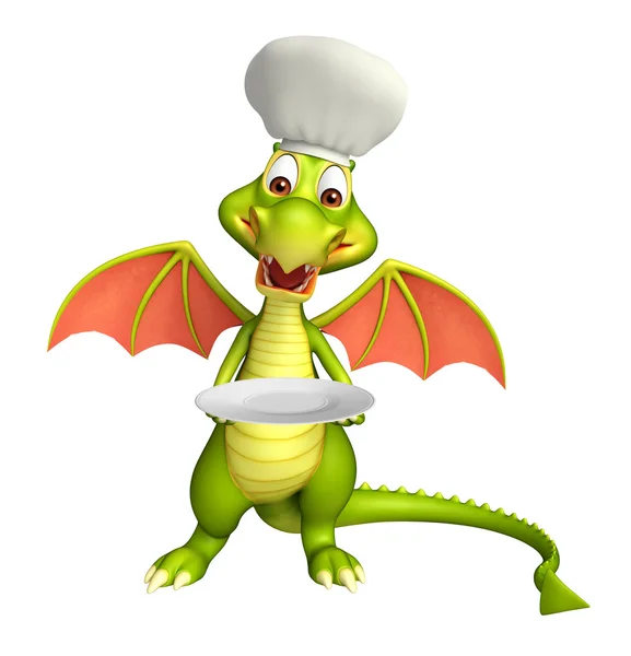 Drak kreslená postava s večeří desku a kuchař klobouk — Stock fotografie