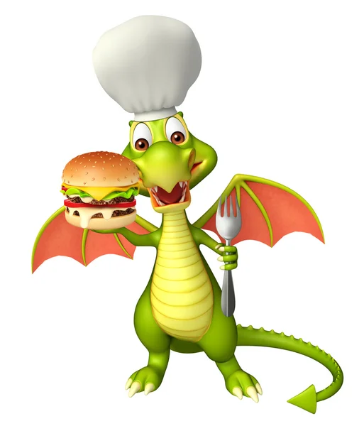 Divertido Dragão personagem dos desenhos animados com hambúrguer e chapéu chef — Fotografia de Stock