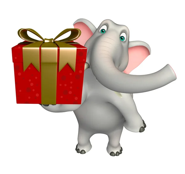 Lindo personaje de dibujos animados elefante con caja de regalo —  Fotos de Stock
