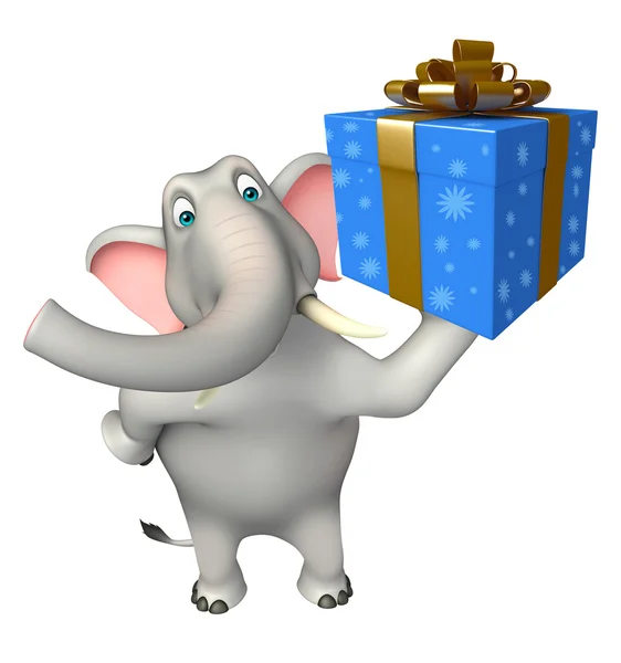Lindo personaje de dibujos animados elefante con caja de regalo —  Fotos de Stock
