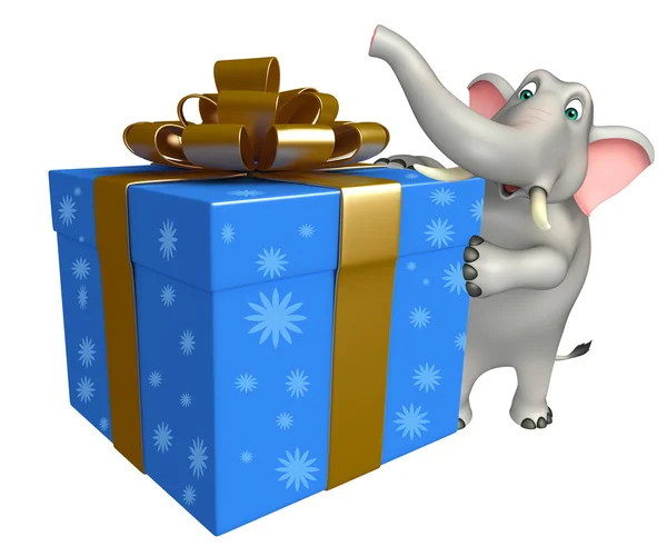 Lindo personaje de dibujos animados elefante con caja de regalo — Foto de Stock