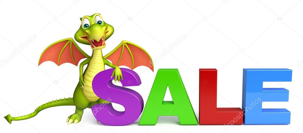 Dragon cartoon character with big sale sign 