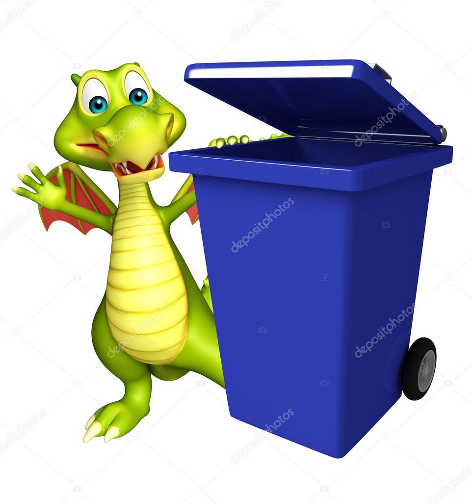 cute Dragon cartoon character with dustbin 
