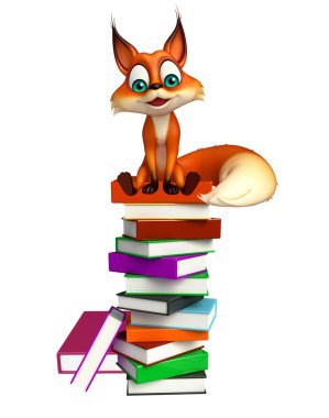 eğlenceli tilki çizgi film karakteri ile kitap yığını
