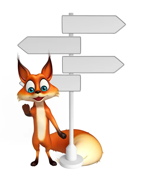 Divertido personaje de dibujos animados de Fox con señal de camino —  Fotos de Stock