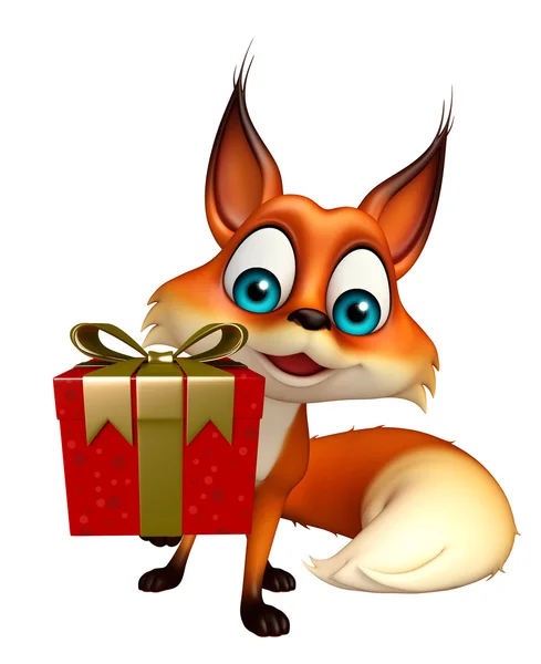 Милый персонаж мультфильма Fox с подарочной коробкой — стоковое фото