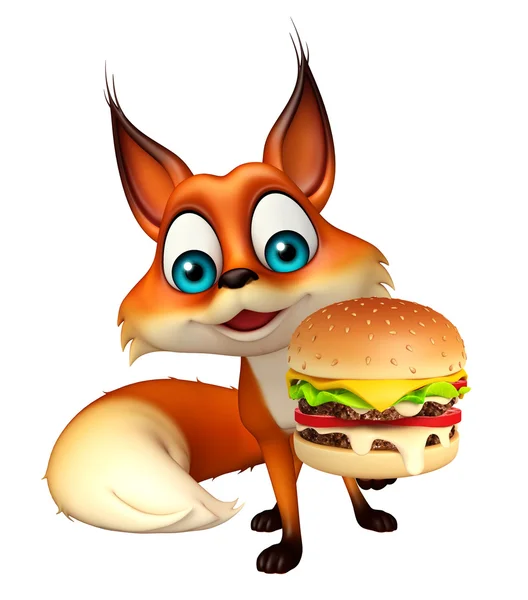 Lindo personaje de dibujos animados de Fox con hamburguesa —  Fotos de Stock