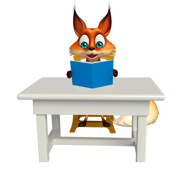 Personagem de desenho animado Fox com mesa e cadeira — Fotografia de Stock