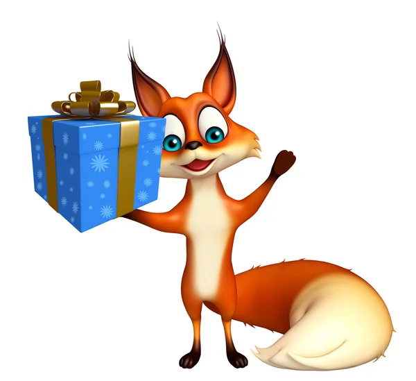 Lindo personaje de dibujos animados Fox con caja de regalo —  Fotos de Stock