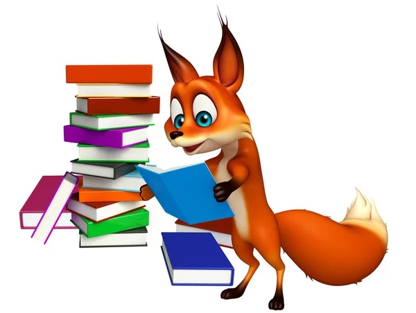 Divertido personaje de dibujos animados de Fox con pila de libros — Foto de Stock