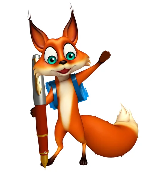 Divertente personaggio dei cartoni animati Fox con sacchetto della scuola e penna — Foto Stock