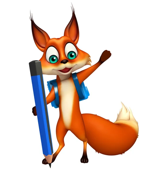 狐狸卡通人物与书包和铅笔的乐趣 — 图库照片