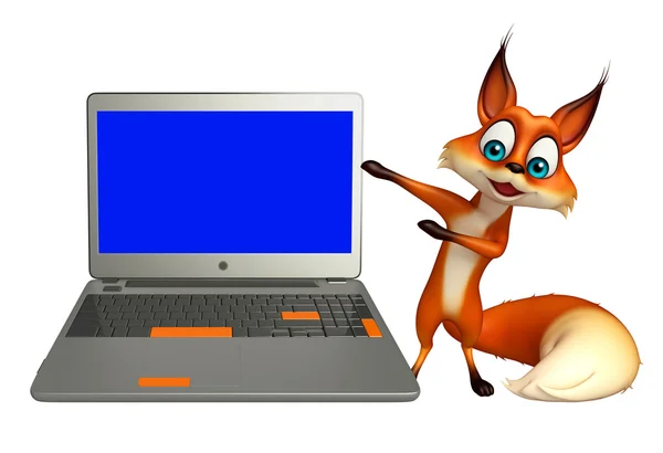 Personnage de dessin animé amusant Fox avec ordinateur portable — Photo