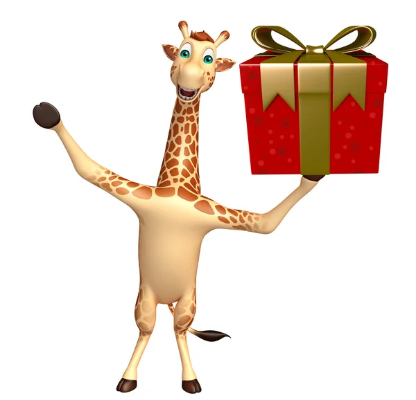 Divertido personaje de dibujos animados jirafa con caja de regalo —  Fotos de Stock