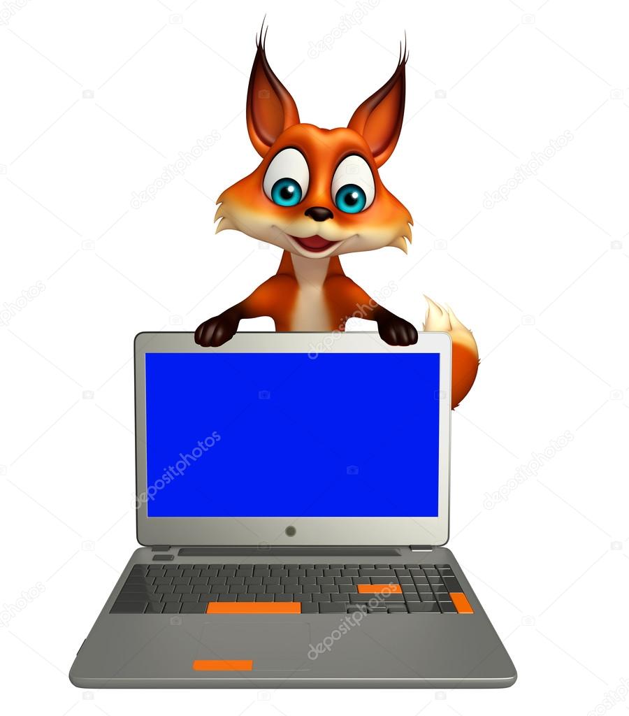 Personnage de dessin animé amusant Fox avec ordinateur portable —  Illustration de stock par ©visible3dscience - 104072558, image size:900x1024