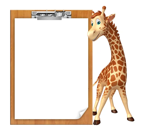 Lindo personaje de dibujos animados jirafa con almohadilla de examen — Foto de Stock
